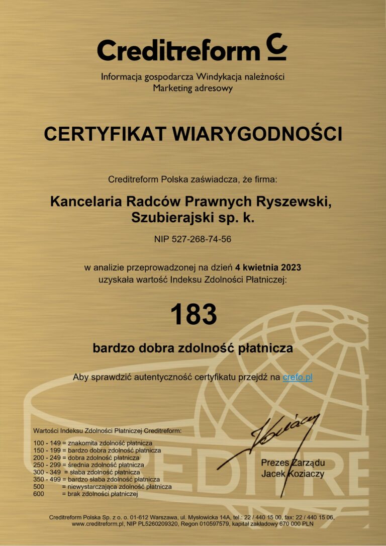 Certyfikat wiarygodności_Kancelaria Radców Prawnych Ryszewski, Szubierajski sp. k._2023-04-04